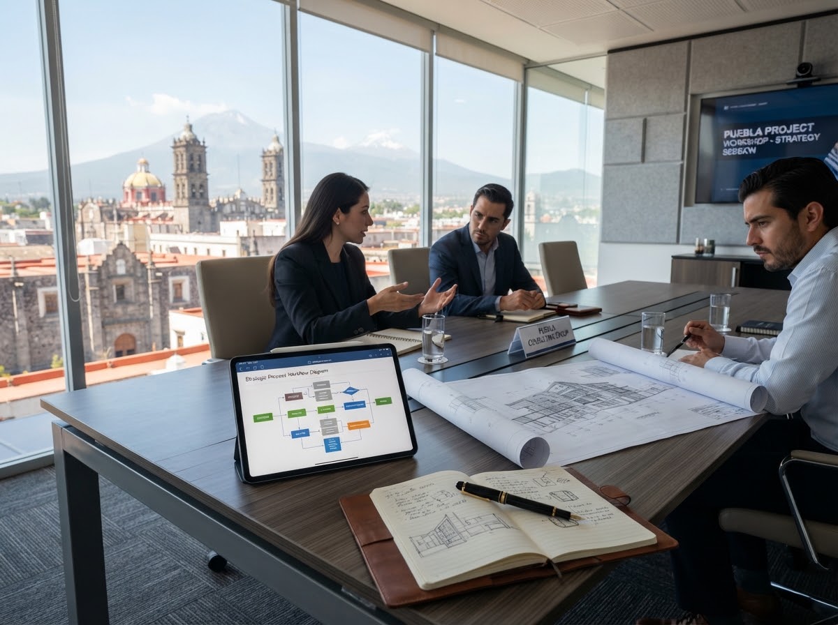 Revisión de planos y diagnóstico operativo en oficina ejecutiva de Puebla